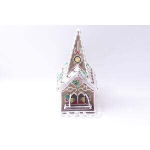 Platic Canvas Church, Knitted Christmas House, Brown-White , 12" Tall, Tower,